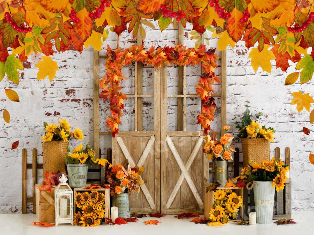 Kate Autumn Backdrop Maple Leaves Wood Door Designed by Emetselch