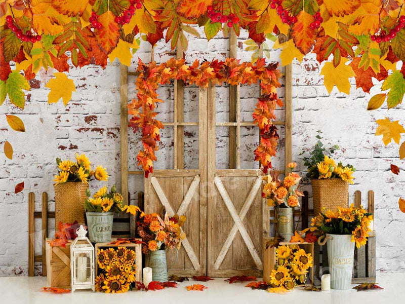 Kate Autumn Backdrop Maple Leaves Wood Door for Photography