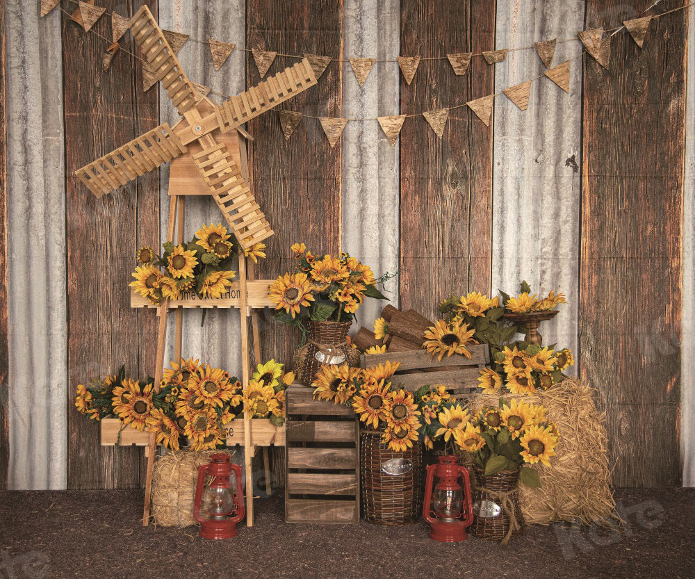 Kate Autumn Backdrop Sunflower Wood Grain for Photography