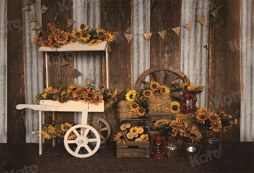 Kate Autumn Backdrop Sunflower Cart Store Wood Grain for Photography