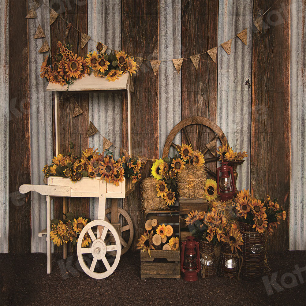 Kate Autumn Backdrop Sunflower Cart Store Wood Grain for Photography