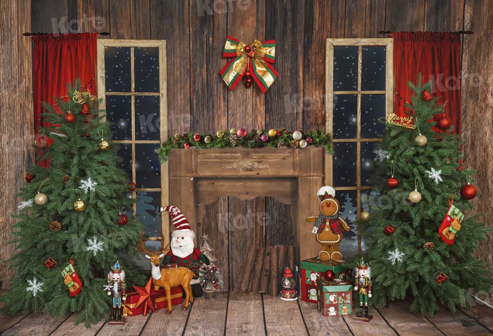 Kate Christmas Backdrop Fireplace Wood Xmas Tree Gingerbread Man Designed by Emetselch