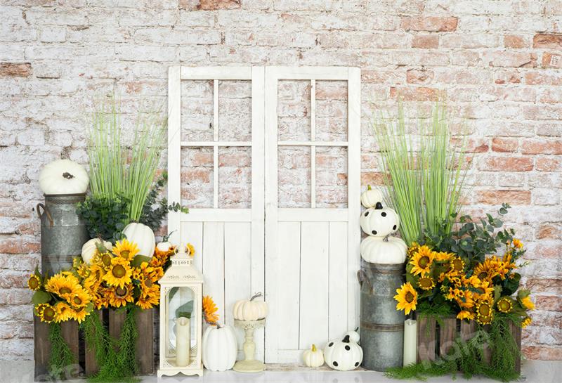 Kate  Autumn Backdrop White Pumpkins Sunflower for Photography