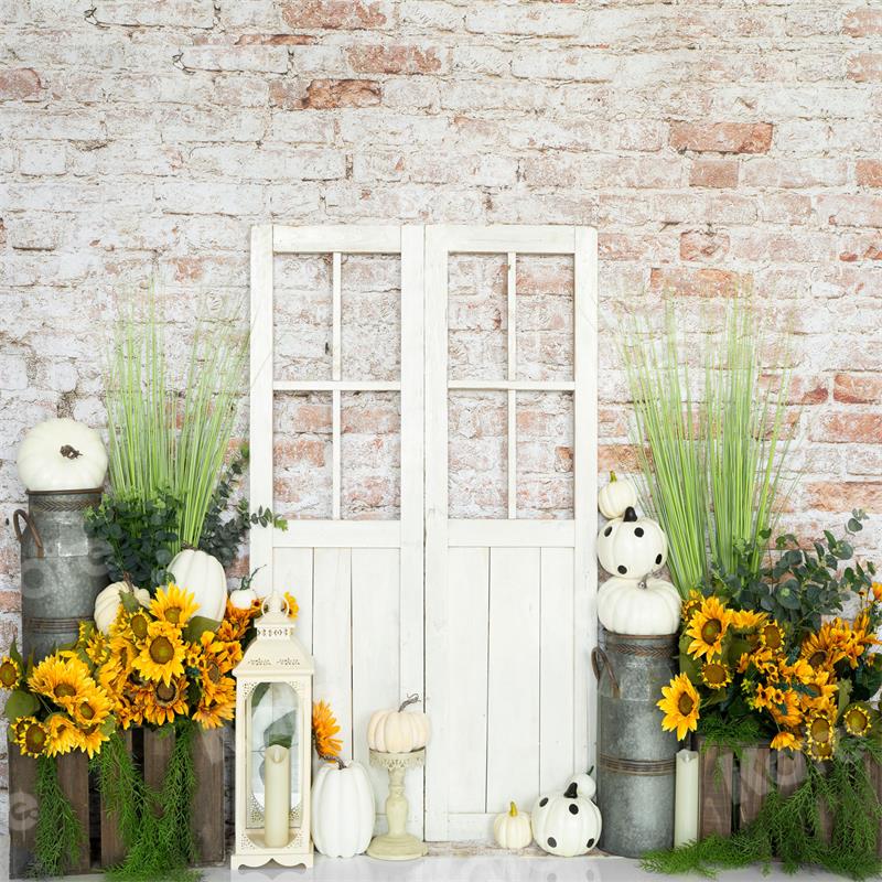 Kate  Autumn Backdrop White Pumpkins Sunflower for Photography