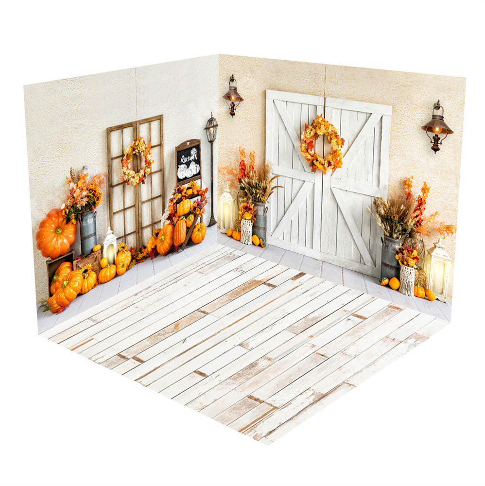Kate Autumn White Barn Door Pumpkins Vintage Room Set(8ftx8ft&10ftx8ft&8ftx10ft)