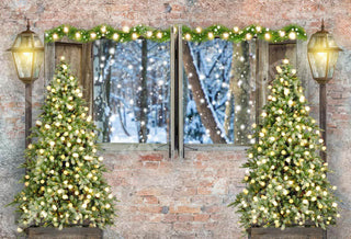Kerstachtergrond Boom Buitenraam Sneeuw Ontworpen door Chain Photography