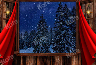 Kerstachtergrond met boom buitenraamtrein ontworpen door Chain Photography