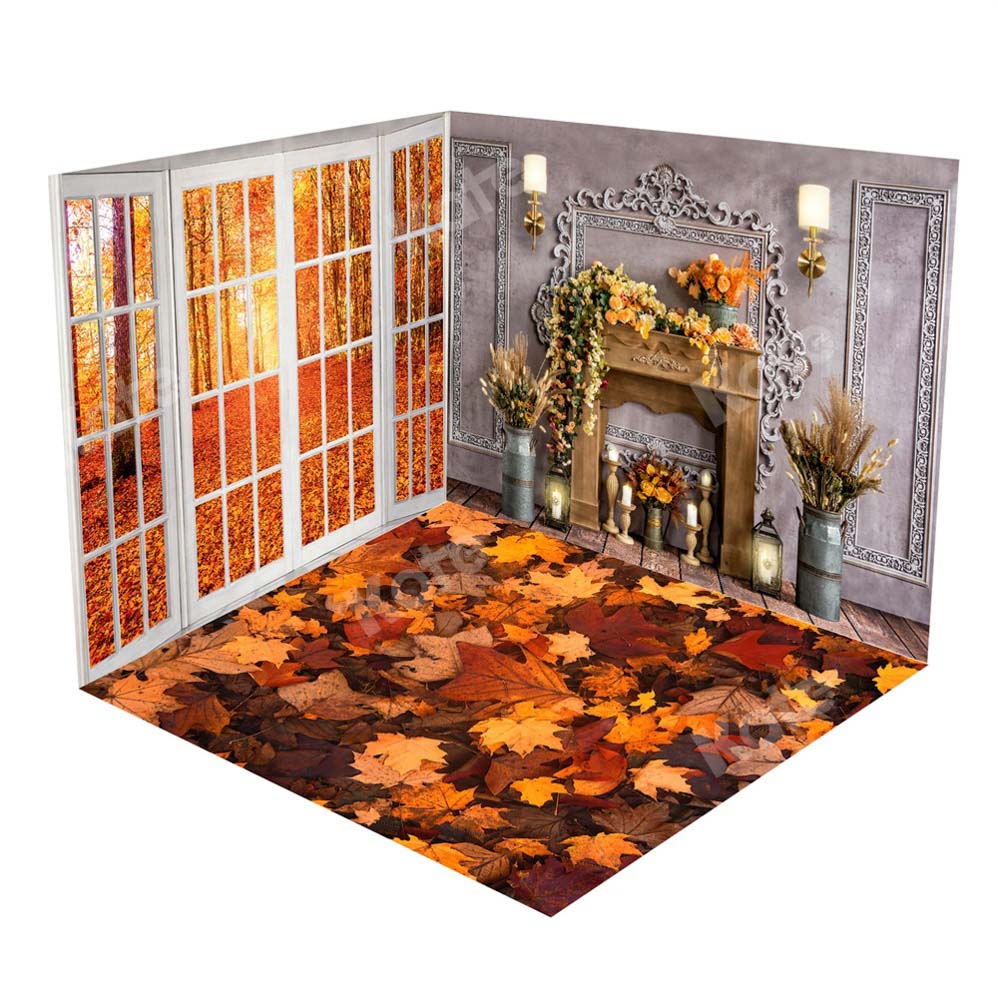Kate Autumn Vintage Wall Fireplace Window Leaves Room Set(8ftx8ft&10ftx8ft&8ftx10ft)