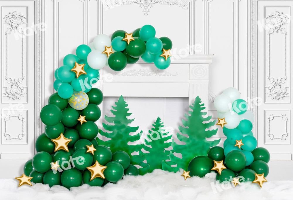 Kate Christmas Backdrop Fireplace Green Balloons Vintage Wall Designed by Chain Photography