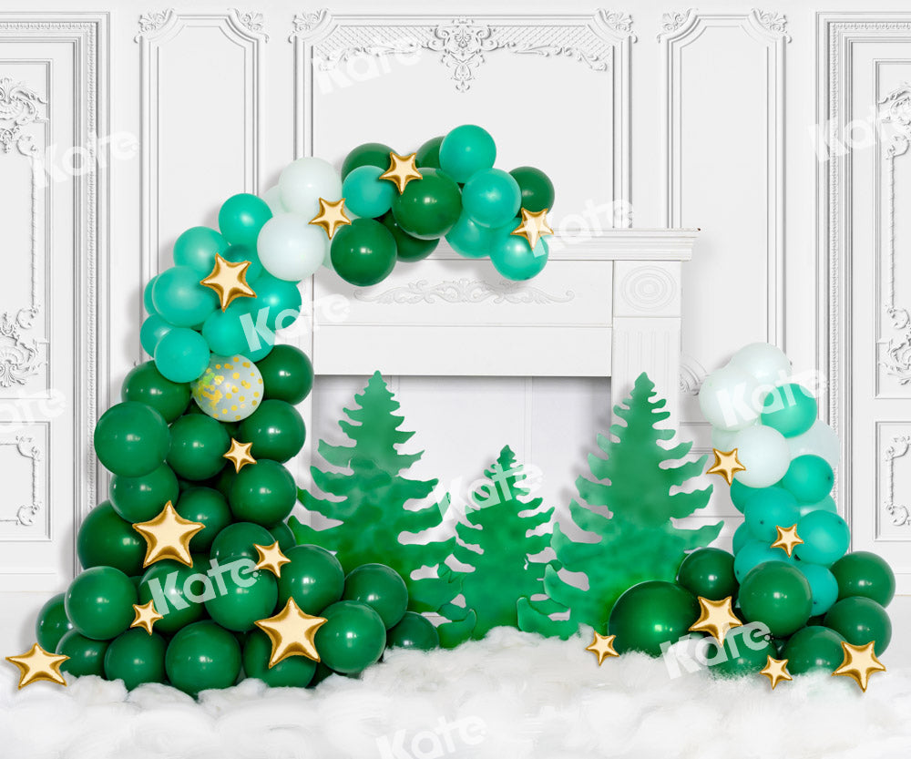 Kate Christmas Backdrop Fireplace Green Balloons Vintage Wall Designed by Chain Photography