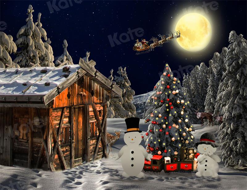 Kate Christmas Backdrop Outdoor Wooden House Tree Snowman for Photography