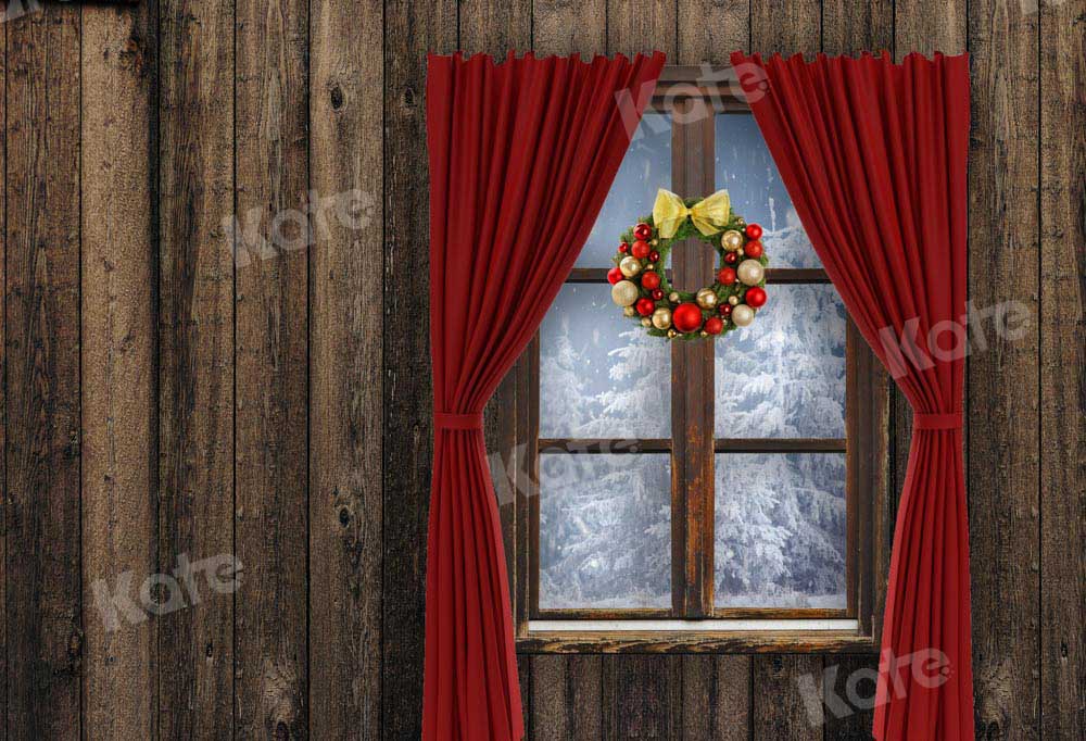Kate Winter Backdrop Outwindow Vintage Wood Red Curtain Designed by Chain Photography
