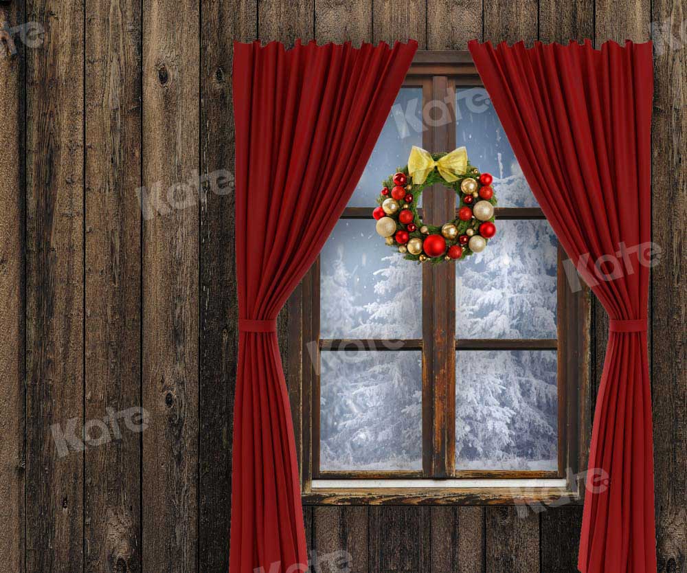 Kate Winter Backdrop Outwindow Vintage Wood Red Curtain Designed by Chain Photography