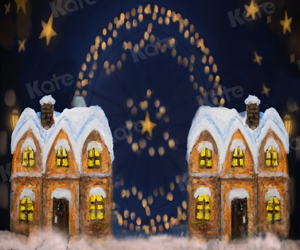 Kate Christmas Backdrop Fireworks Star House Snow for Photography
