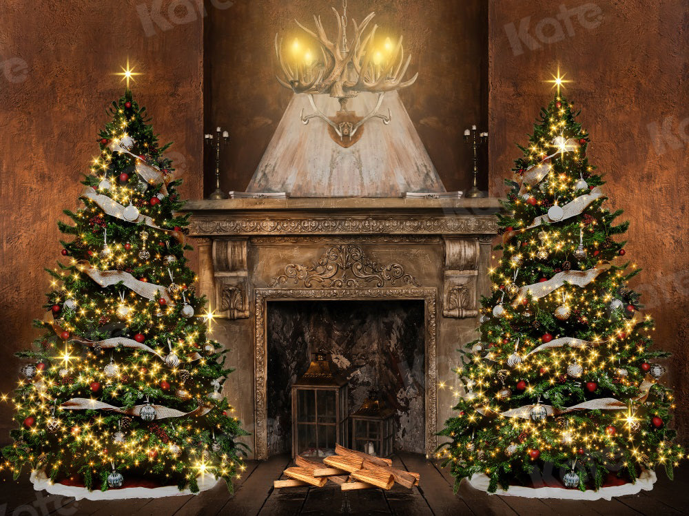 Kate Christmas Backdrop Tree Fireplace Retro for Photography
