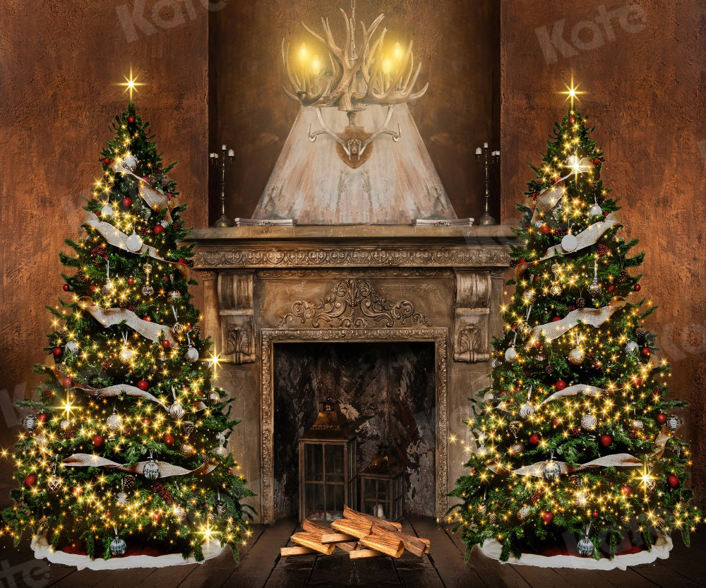 Kate Christmas Backdrop Tree Fireplace Retro for Photography