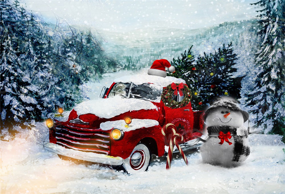 Kate Christmas Backdrop Tree Red Car Snowman for Photography