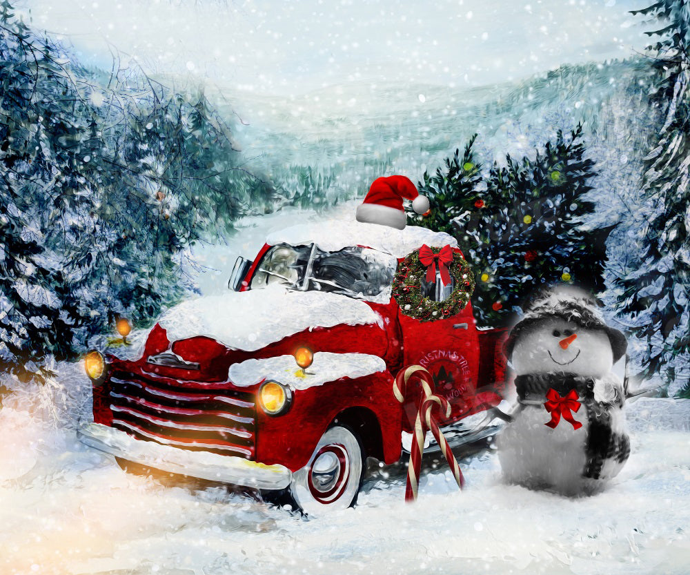 Kate Christmas Backdrop Tree Red Car Snowman for Photography