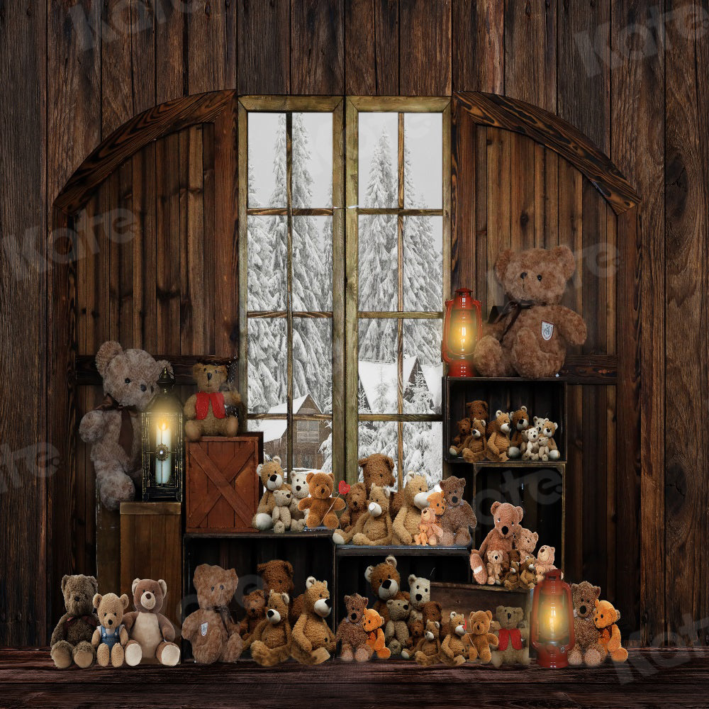 Kate Winter Backdrop Vintage Wood Teddy Bear for Photography