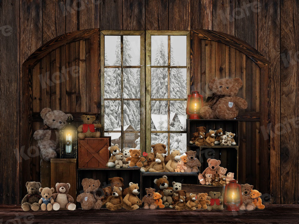 Kate Winter Backdrop Vintage Wood Teddy Bear for Photography