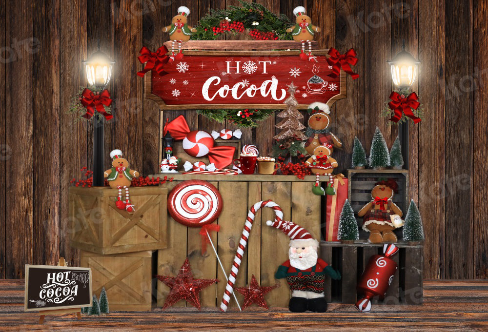 Kate Hot Cocoa Backdrop Christmas Gingerbread Vintage Wood for Photography