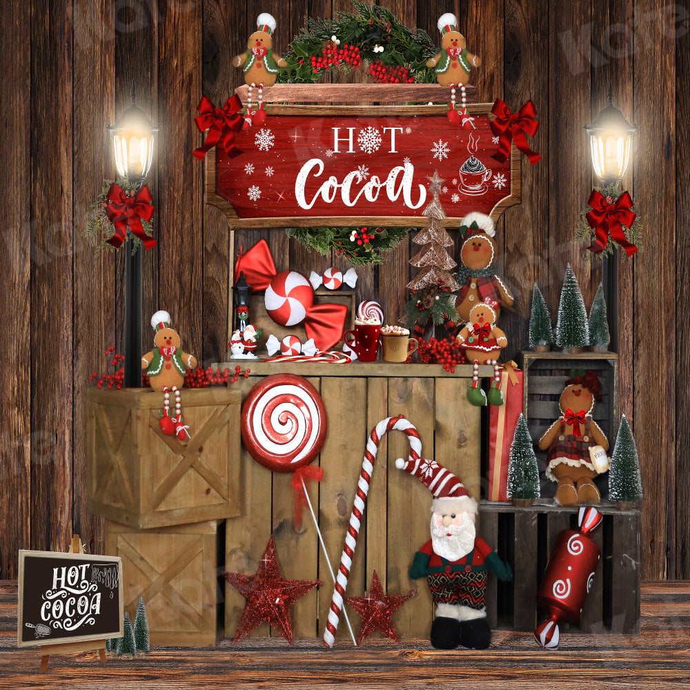 Kate Hot Cocoa Backdrop Christmas Gingerbread Vintage Wood for Photography