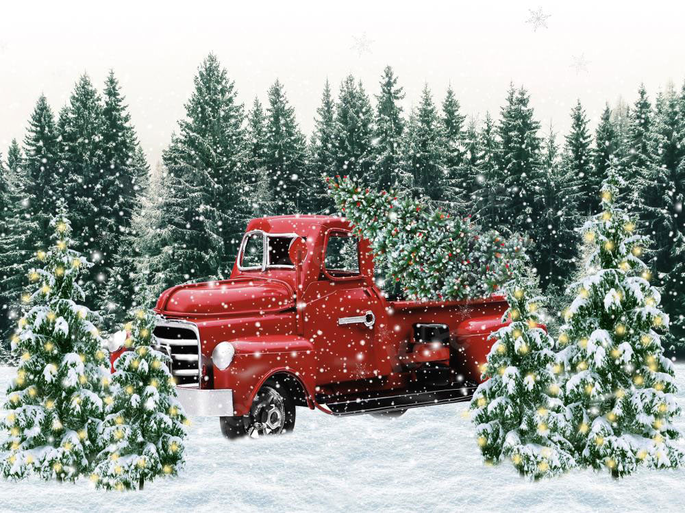 Kate Winter Backdrop Christmas Outdoor Red Car Forest Trees for Photography