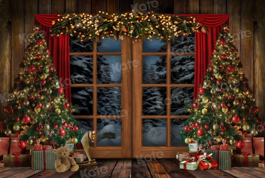 Kate Christmas Backdrop Window Vintage Wood Tree for Photography