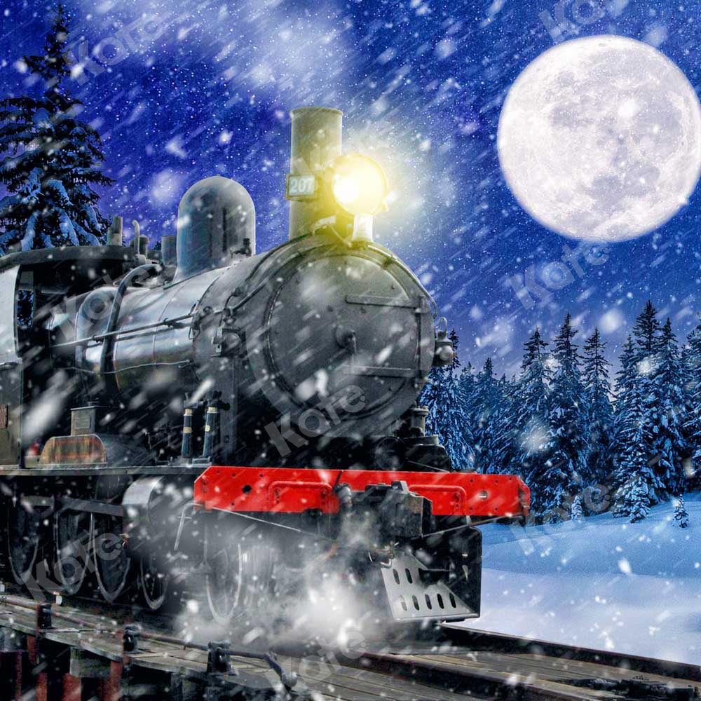 Kate Christmas Backdrop Winter Tree Train Moon Designed by Chain Photography