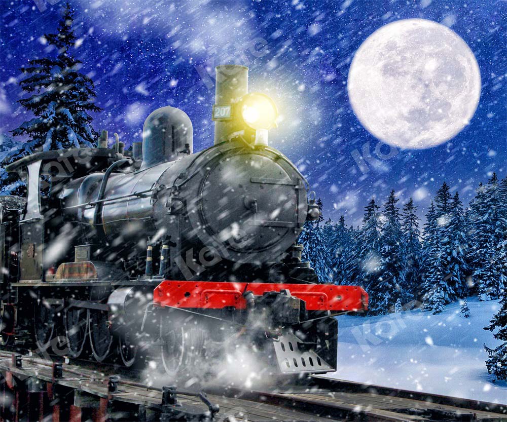 Kate Christmas Backdrop Winter Tree Train Moon Designed by Chain Photography