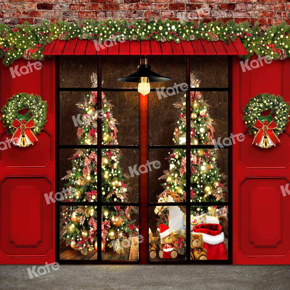 Kate Christmas Backdrop Retro Window Outdoor Red Tone Designed by Chain Photography