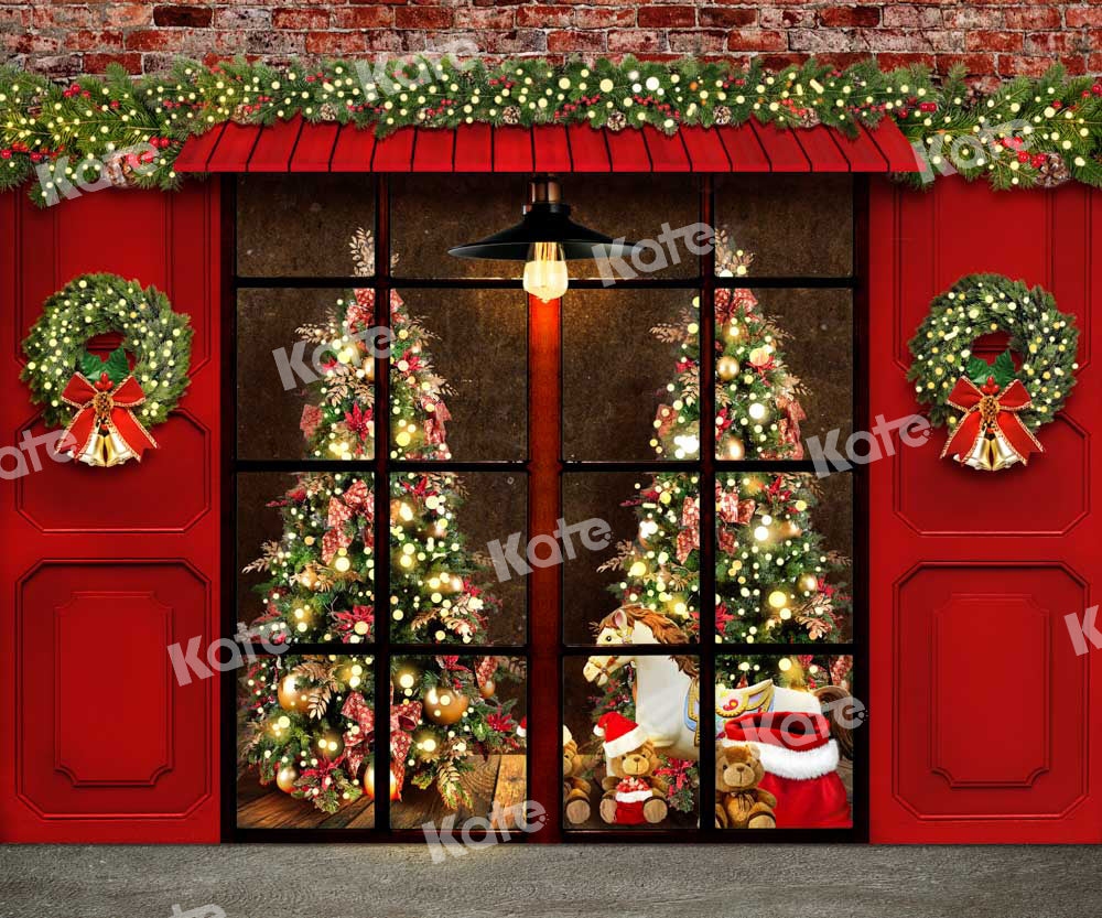 Kate Christmas Backdrop Retro Window Outdoor Red Tone Designed by Chain Photography