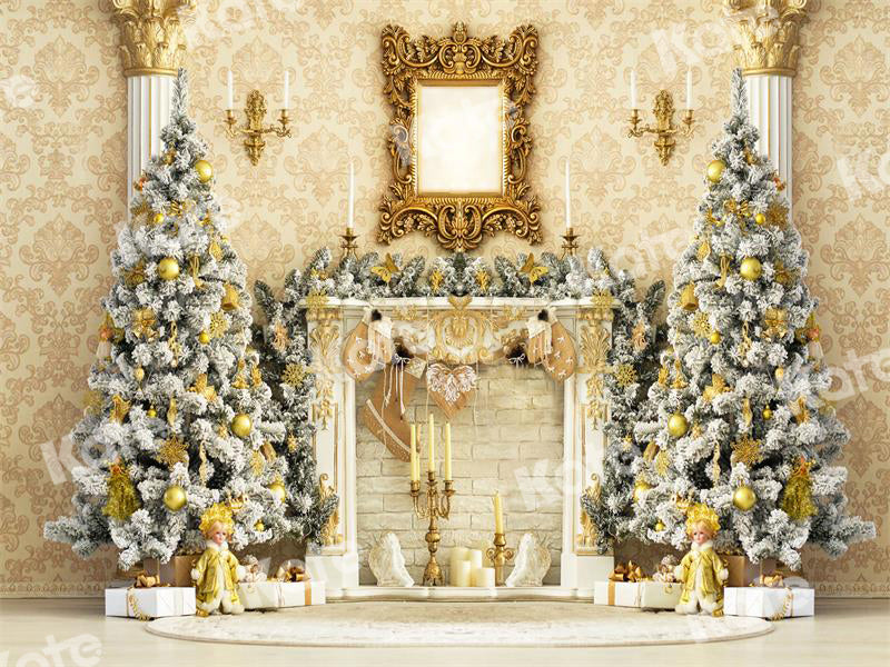 Kate Christmas Tree Winter Navy Fireplace Gold Ornaments Gifts Backdrop  Designed by Mini MakeBelieve