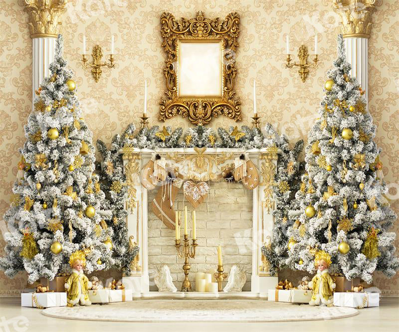 Kate Christmas Gold Fireplace Backdrop Tree Elegant for Photography