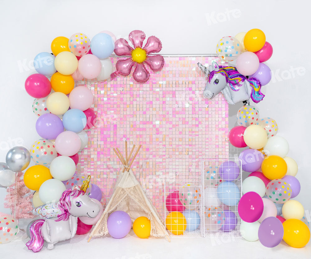 Kate Birthday Backdrop Balloons Pink Printed Shiny Sequin Wall Party Designed by Emetselch