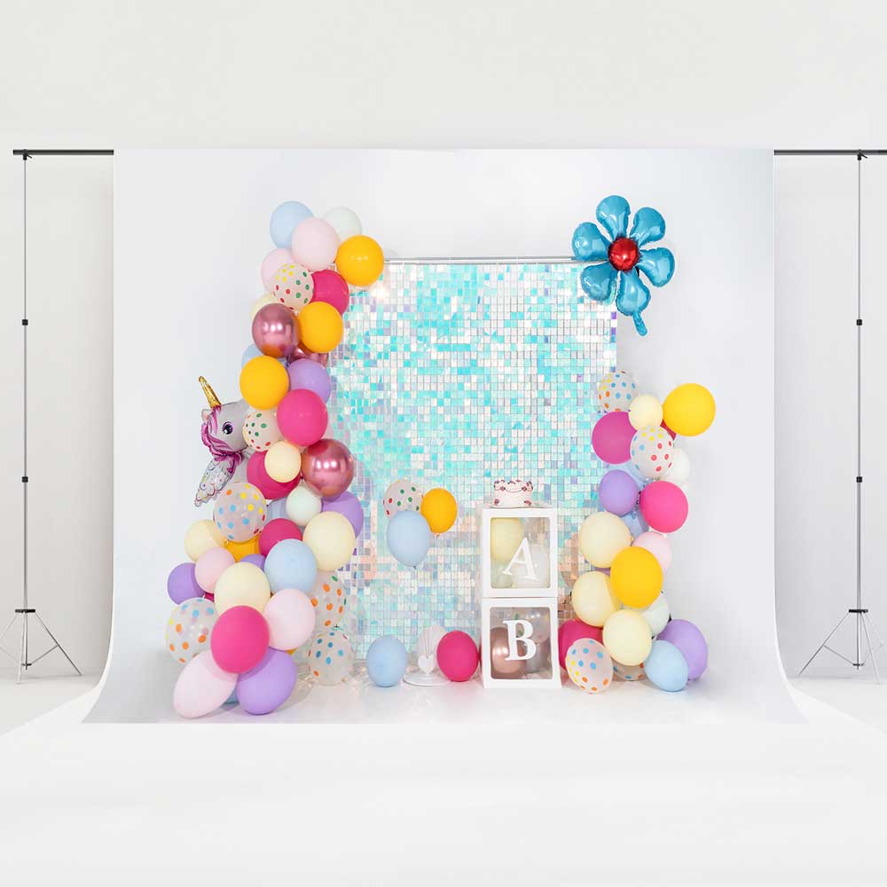 Kate Birthday Backdrop Pony Balloons Light Blue Sequin Wall Party Designed by Emetselch