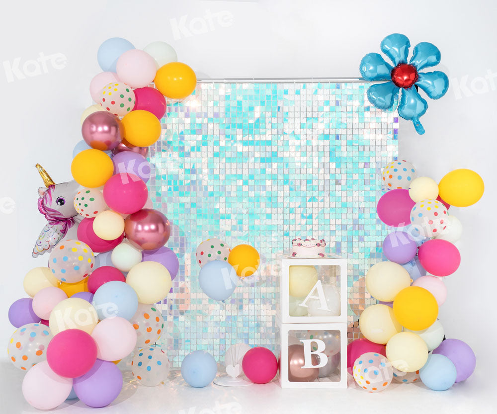 Kate Birthday Backdrop Pony Balloons Light Blue Sequin Wall Party Designed by Emetselch