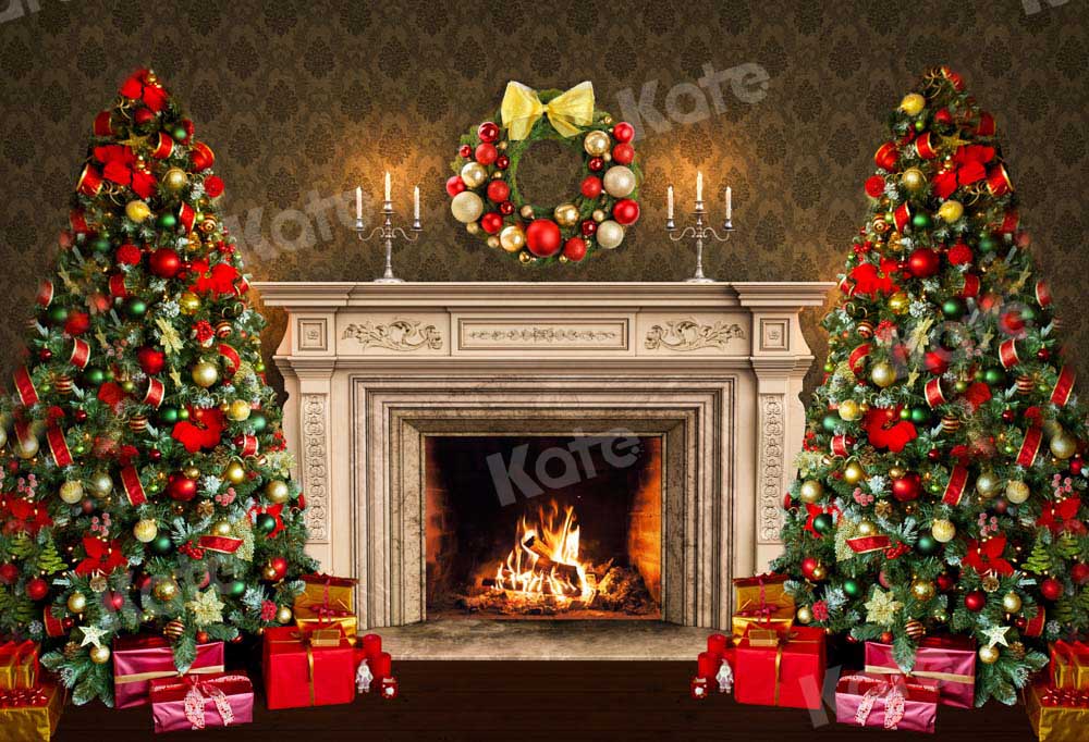 Kate Christmas Backdrop Fireplace Gift Tree Designed by Chain Photography