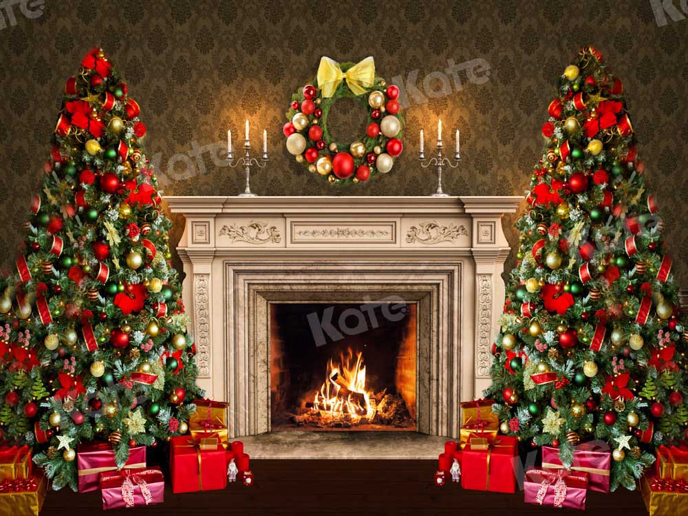 Kate Christmas Backdrop Fireplace Gift Tree Designed by Chain Photography