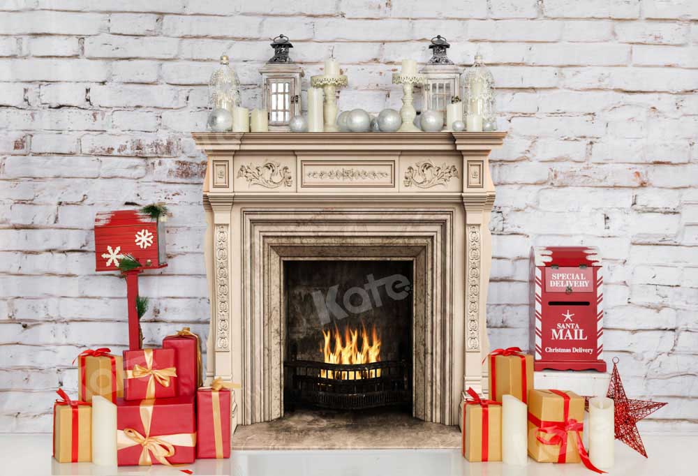 Kate Christmas Backdrop Fireplace Gifts White Wall Designed by Chain Photography