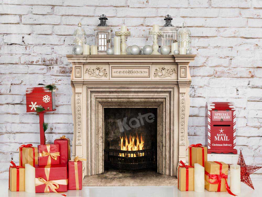 Kate Christmas Backdrop Fireplace Gifts White Wall Designed by Chain Photography