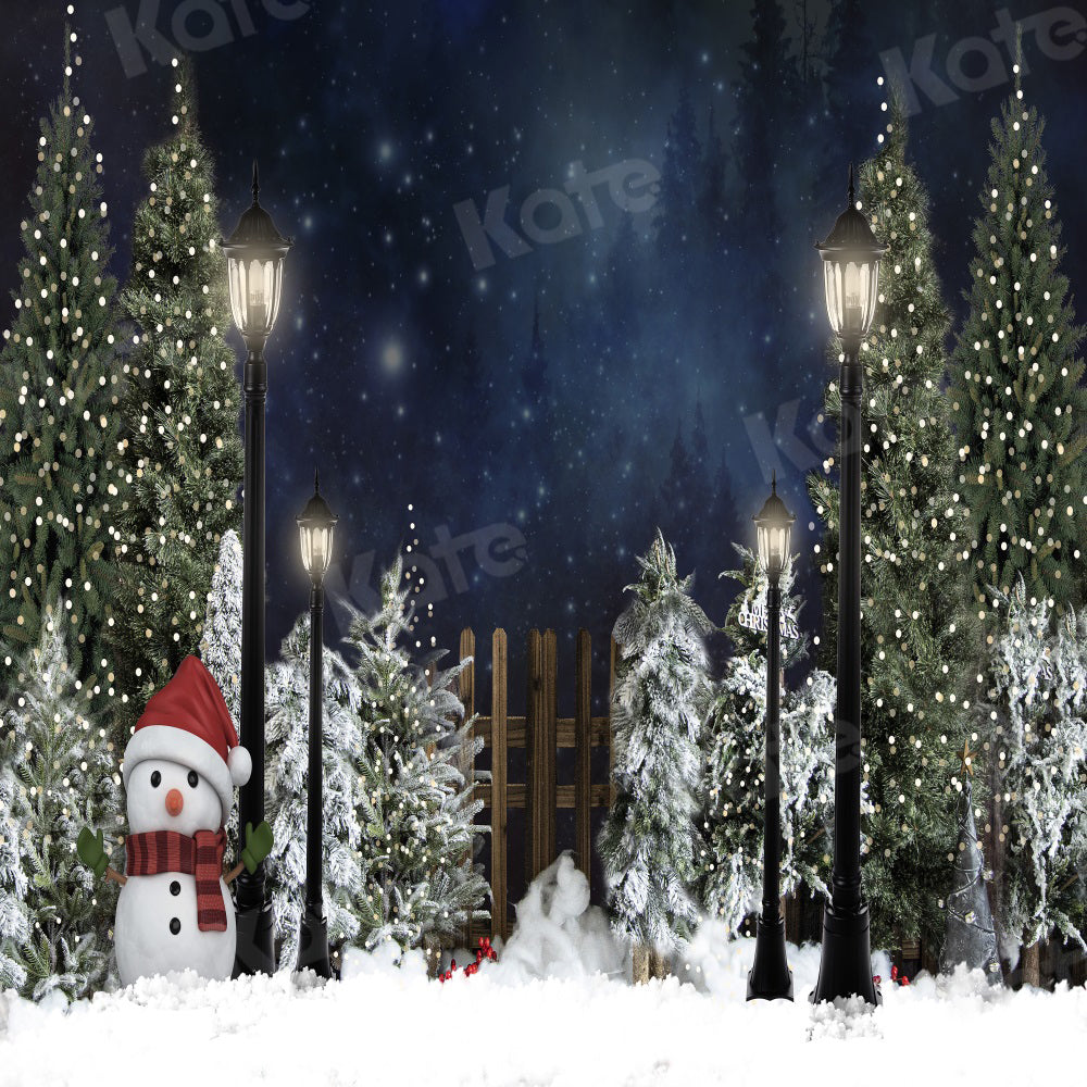 Kate Winter Christmas Backdrop Outdoor Snowman Fence Light Snow for Photography