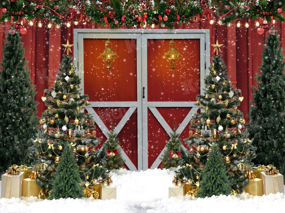 Kate Christmas Backdrop Red Barn Door Tree for Photography