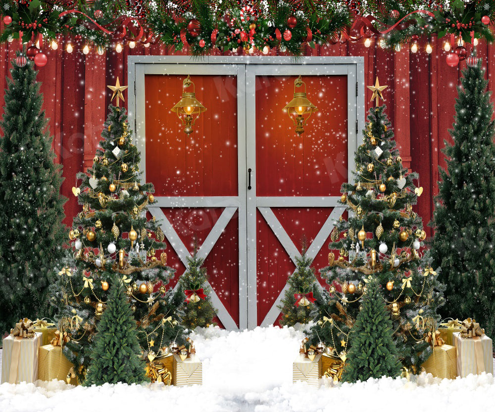 Kate Christmas Backdrop Red Barn Door Tree for Photography