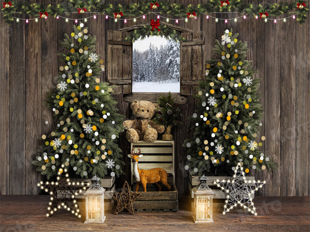 Kate Christmas Backdrop Vintage Wood Teddy Bear Window for Photography