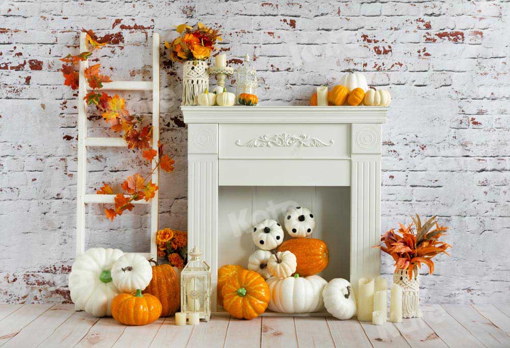 Kate Autumn Backdrop Pumpkin Old White Brick Wall Fireplace Designed by Emetselch