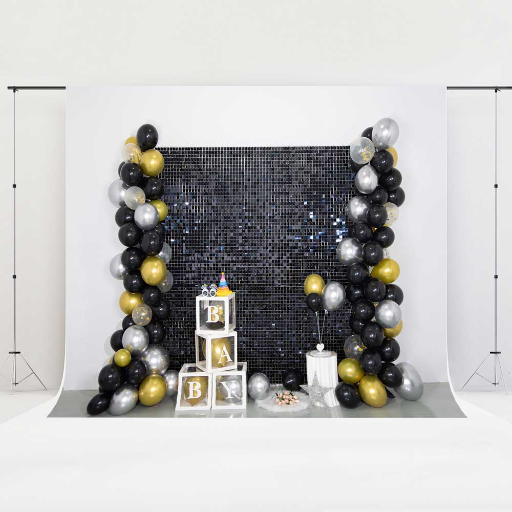Kate Birthday Backdrop Black Golden Balloons Sequin Wall Party Designed by Emetselch