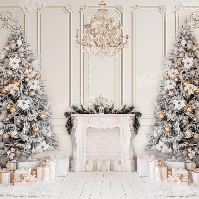 Kate Christmas Backdrop Fireplace White Vintage Wall Trees Gift for Photography