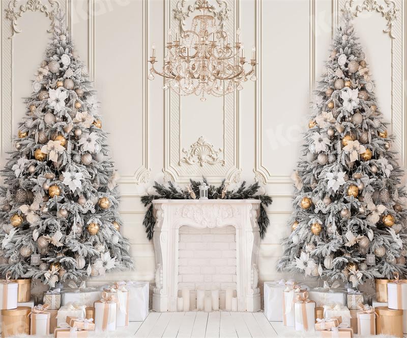 Kate Christmas Backdrop Fireplace White Vintage Wall Trees Gift for Photography
