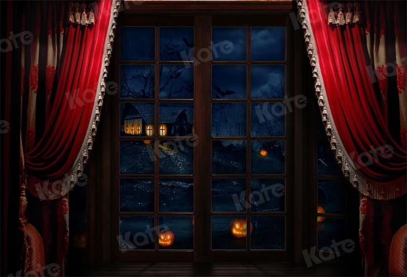 Kate Halloween Backdrop Window Red Curtain Night for Photography